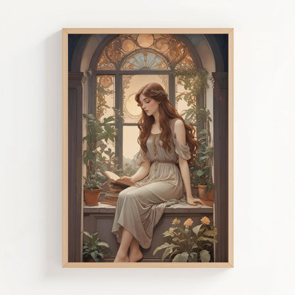 Romantic digital wall art of a young woman in a flowing dress reading a book by a vintage arched window, surrounded by lush potted plants and soft golden light