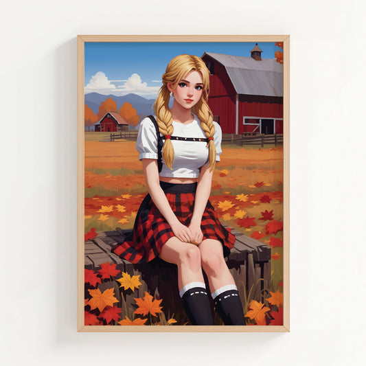 Autumn countryside illustration of a young woman with braided blonde hair sitting on a wooden bench surrounded by falling fall leaves. She wears a red plaid skirt and white blouse, with rustic red barns and rolling fields in the background, creating a warm, cozy farmhouse autumn atmosphere. Printable Wall Art. Digital Download.