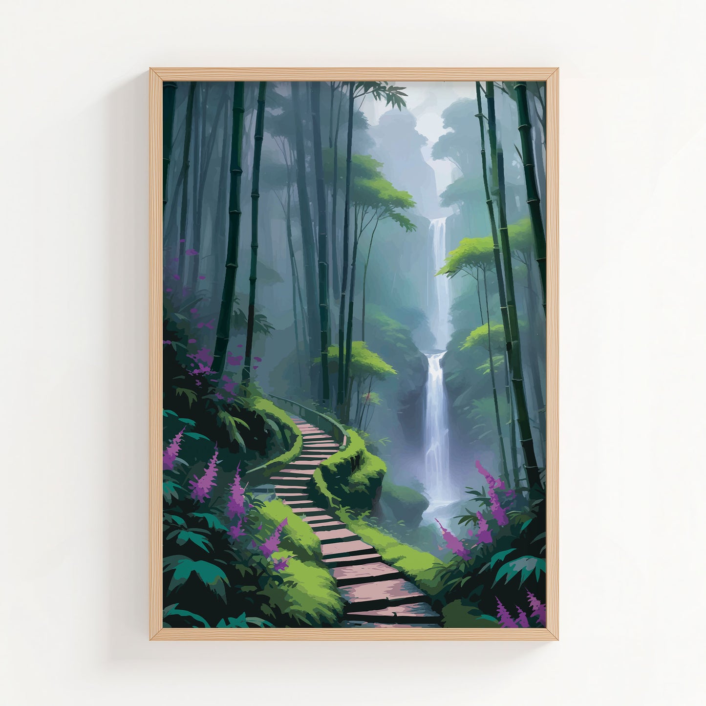 Scenic wall art of a misty bamboo forest with a winding path leading to a tall waterfall surrounded by lush greenery and purple flowers