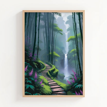 Scenic wall art of a misty bamboo forest with a winding path leading to a tall waterfall surrounded by lush greenery and purple flowers