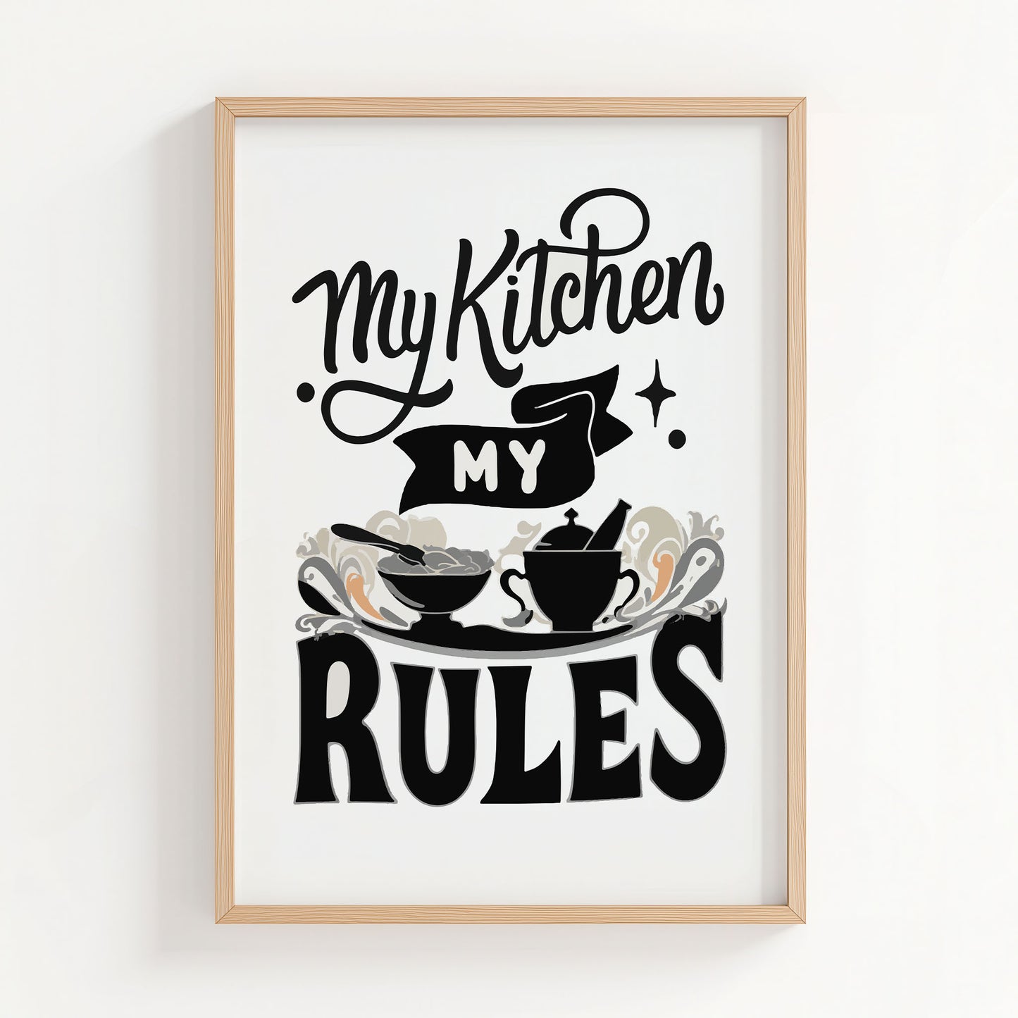 My Kitchen My Rules typography quote with cooking bowl and utensils illustration, farmhouse kitchen printable wall art digital download