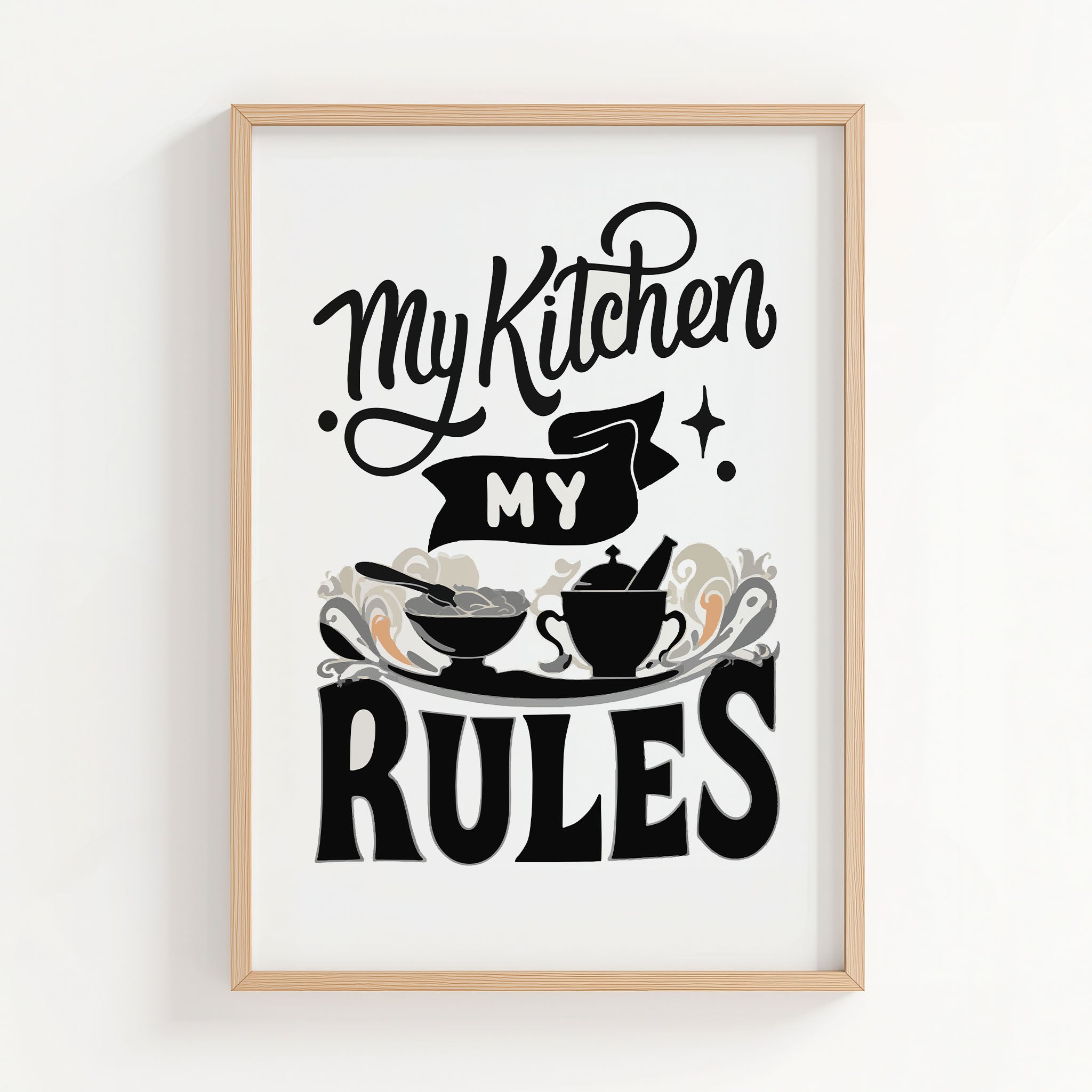 My Kitchen My Rules typography quote with cooking bowl and utensils illustration, farmhouse kitchen printable wall art digital download