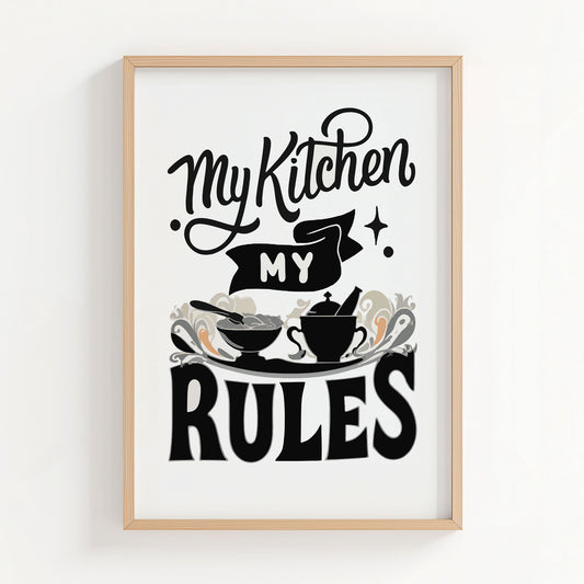 My Kitchen My Rules typography quote with cooking bowl and utensils illustration, farmhouse kitchen printable wall art digital download