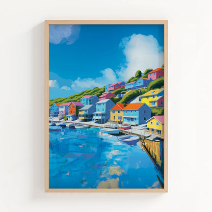 Charming harbor town wall art featuring vibrant seaside houses in bold colors lining a hillside above a marina filled with boats, under a bright blue sky with fluffy clouds reflected in the water