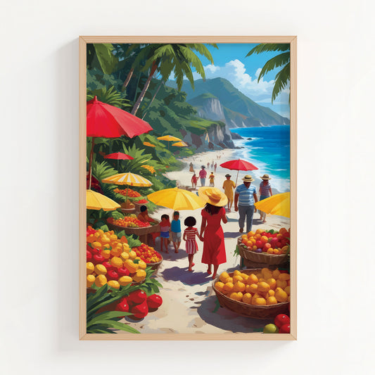 Vibrant coastal market illustration featuring people strolling along a sunny beach lined with colorful fruit stalls, palm trees, and bright umbrellas beside turquoise ocean water and tropical cliffs. Lively tropical wall art with a joyful summer atmosphere and rich, warm colors. Printable Wall Art. Digital Download.