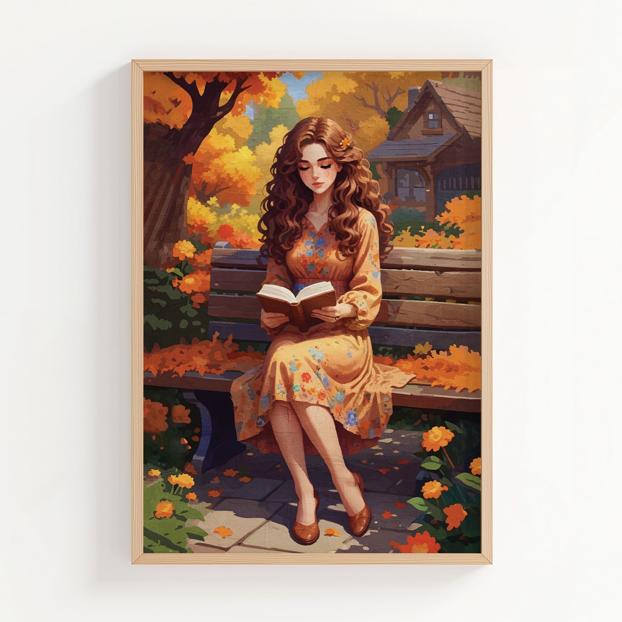 Digital wall art of a woman in a floral dress reading a book on a park bench, surrounded by autumn leaves and flowers in warm orange and yellow tones