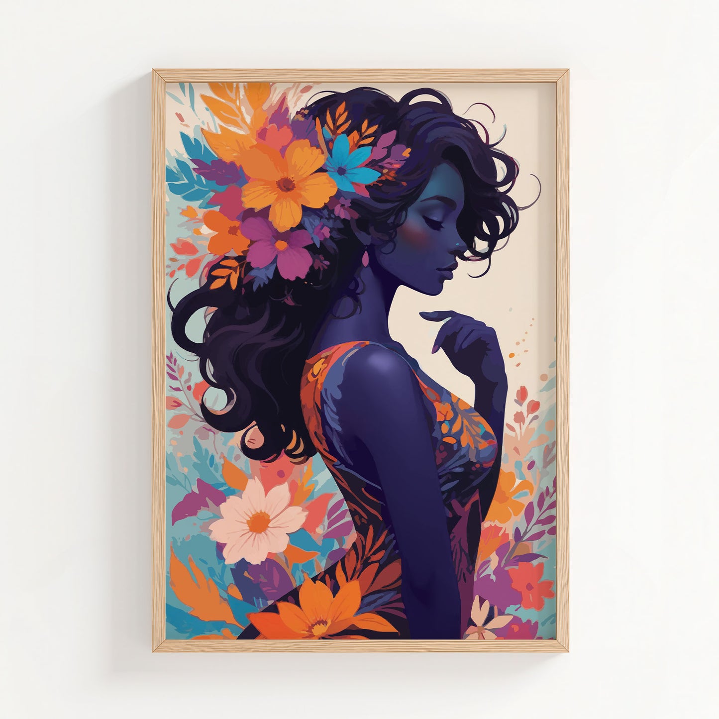 Bold and colorful printable wall art of a dark-skinned woman in profile, adorned with vivid flowers in her hair and dress, set against a vibrant floral backdrop, perfect for modern, empowering, and artistic decor themes