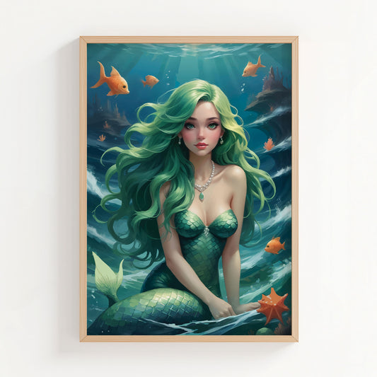 Fantasy digital wall art of a beautiful mermaid with long green hair and shimmering scales surrounded by orange fish under the sea