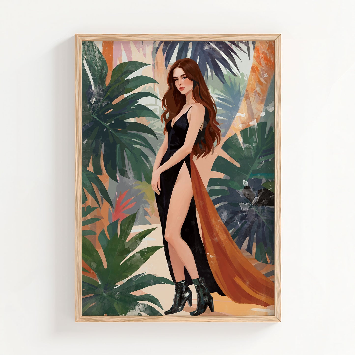 Fashion illustration of an elegant brunette woman wearing a dramatic black high-slit gown with a flowing burnt-orange train, standing against lush tropical foliage with large green leaves and soft abstract painterly textures. Bold feminine statement wall art with modern luxury aesthetic.