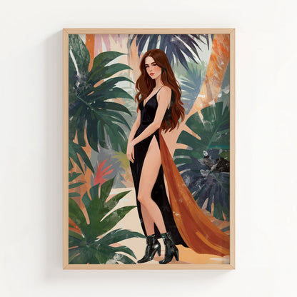 Fashion illustration of an elegant brunette woman wearing a dramatic black high-slit gown with a flowing burnt-orange train, standing against lush tropical foliage with large green leaves and soft abstract painterly textures. Bold feminine statement wall art with modern luxury aesthetic.