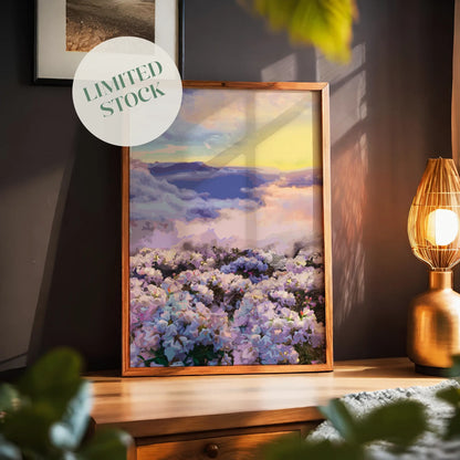 Dreamy floral landscape printable wall art featuring a field of pastel blossoms beneath a radiant sky at sunset, perfect for romantic, tranquil, or nature-inspired interior decor.