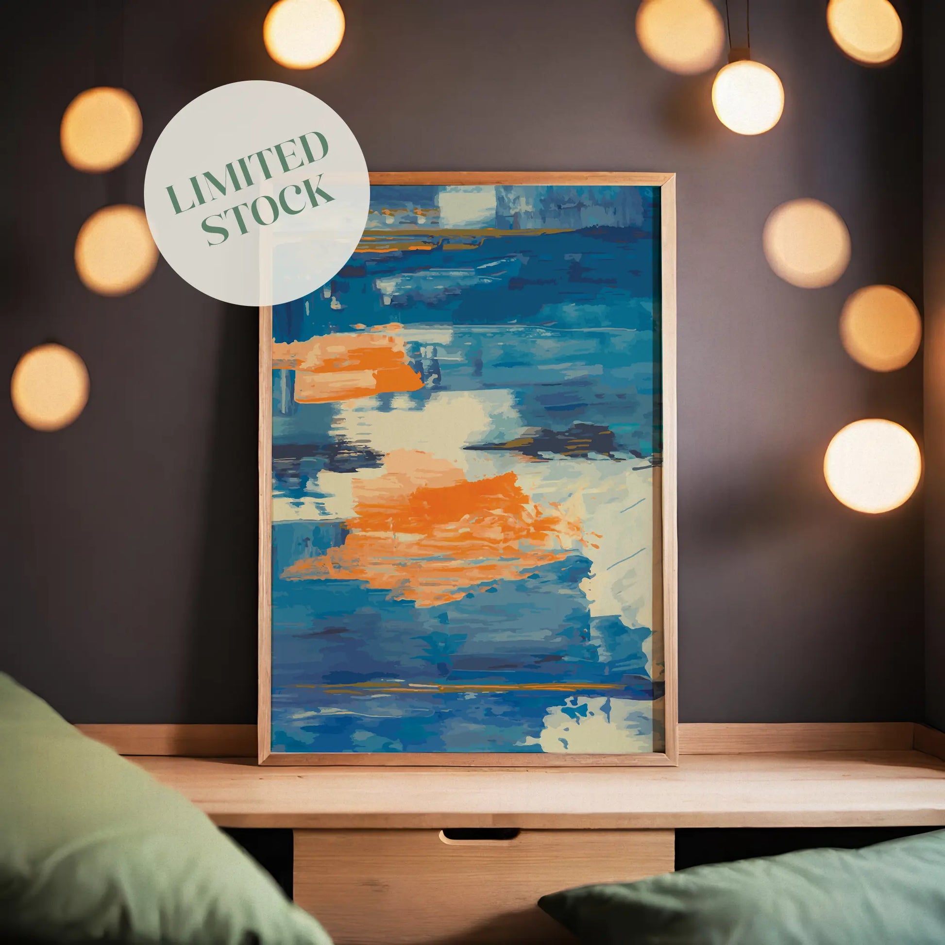 Abstract printable wall art featuring bold brushstrokes in vibrant shades of blue, orange, and cream, creating a dynamic, painterly texture inspired by water and motion, ideal for modern and artistic interiors