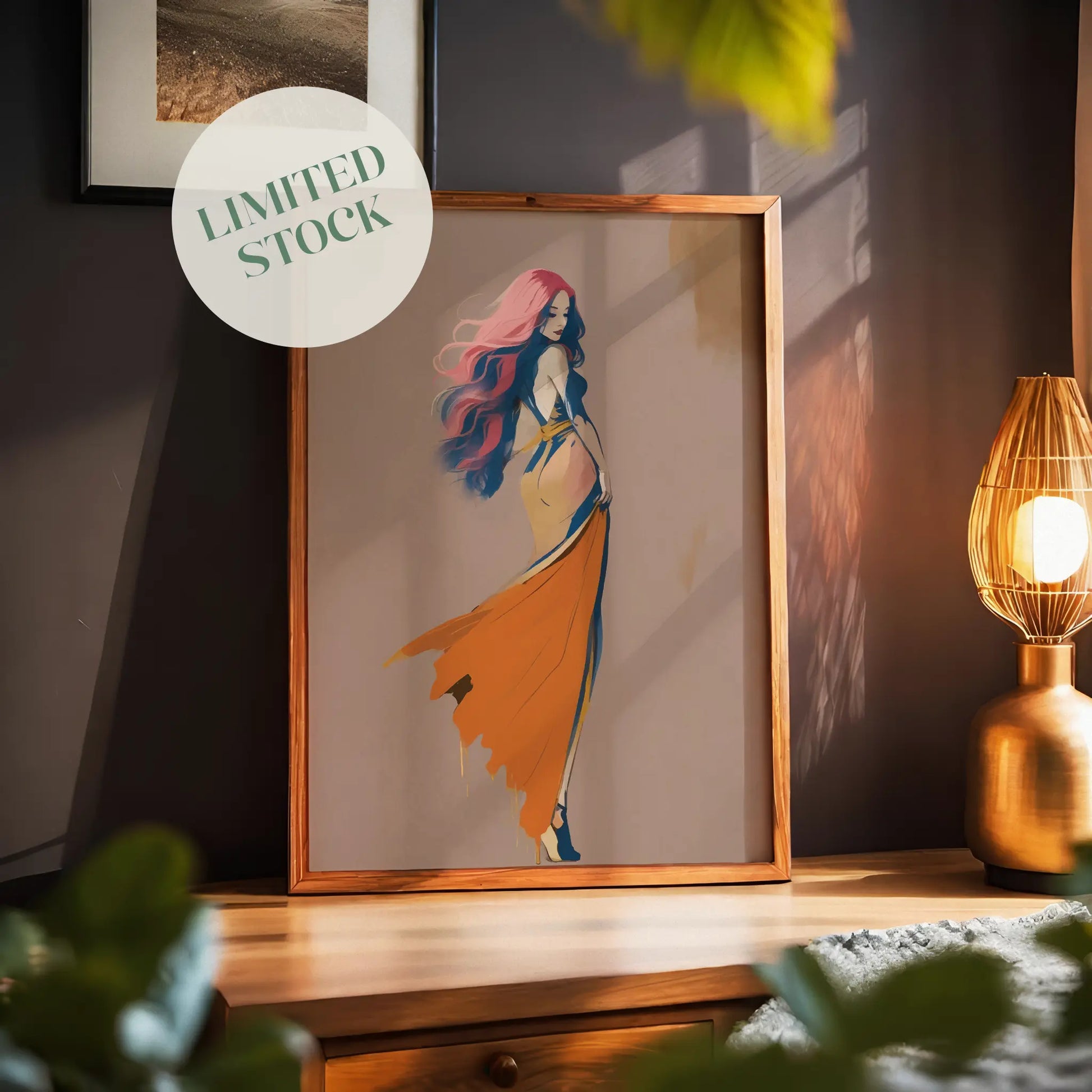 Printable wall art of an elegant woman with flowing pink and purple hair, wearing a backless orange gown with a dramatic train, set against a soft neutral background, perfect for modern and chic home decor.