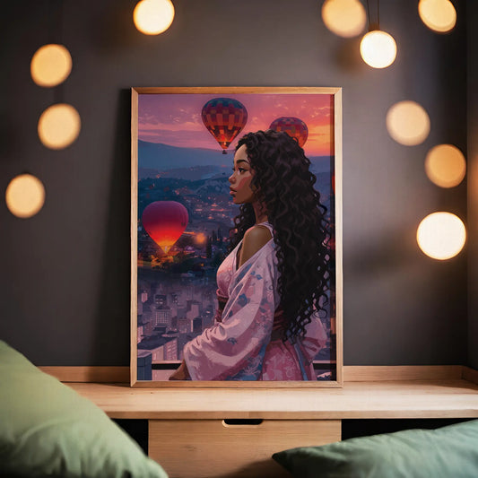 Woman overlooking city at sunset with hot air balloons in sky, dreamy travel aesthetic printable wall art digital download