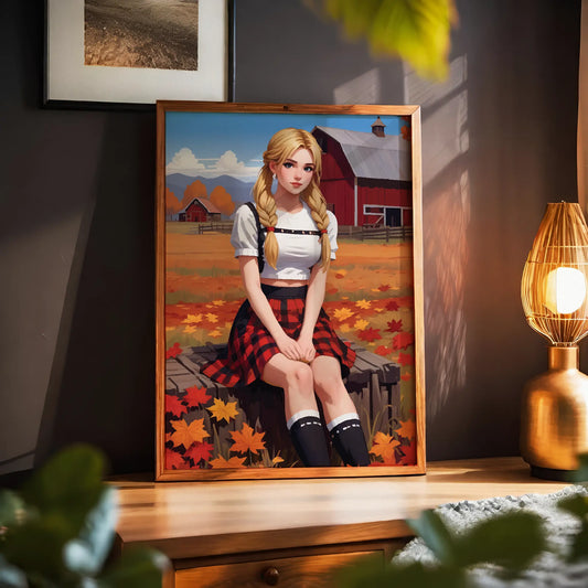Autumn countryside illustration of a young woman with braided blonde hair sitting on a wooden bench surrounded by falling fall leaves. She wears a red plaid skirt and white blouse, with rustic red barns and rolling fields in the background, creating a warm, cozy farmhouse autumn atmosphere. Printable Wall Art. Digital Download.