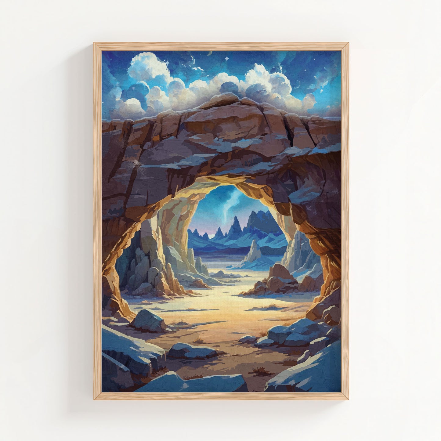 Digital painting of a scenic desert canyon with a natural rock arch framing distant mountains under a dreamy sky, printable wall art perfect for nature and landscape lovers