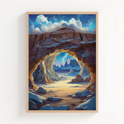 Digital painting of a scenic desert canyon with a natural rock arch framing distant mountains under a dreamy sky, printable wall art perfect for nature and landscape lovers