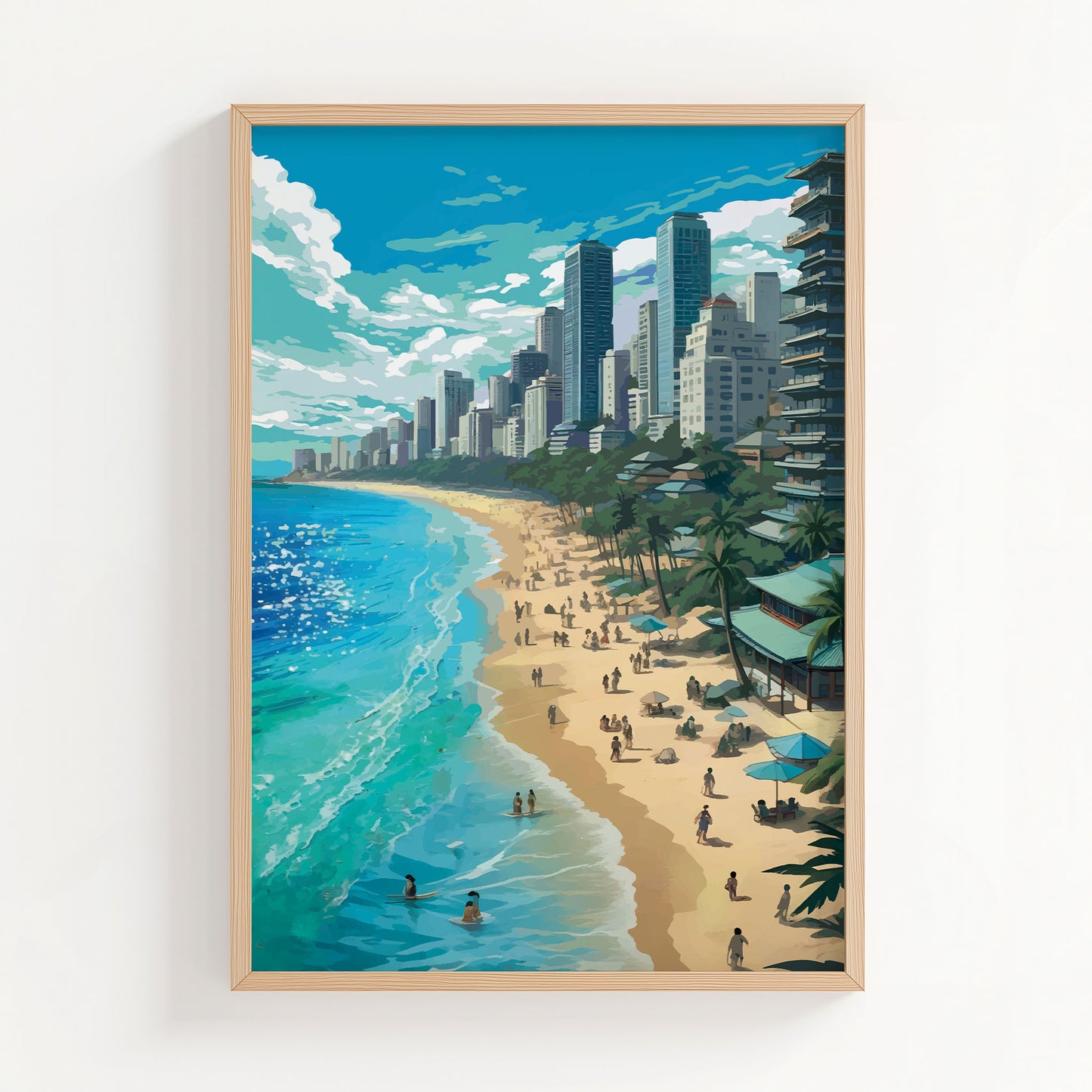 Vibrant city beach printable wall art featuring a sunny coastline with turquoise waves, golden sand, palm trees, and people enjoying the beach, set against a backdrop of modern skyscrapers under a dynamic sky - perfect for urban summer, travel, or coastal-themed decor