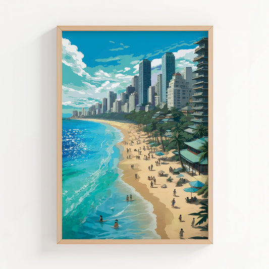 Vibrant city beach printable wall art featuring a sunny coastline with turquoise waves, golden sand, palm trees, and people enjoying the beach, set against a backdrop of modern skyscrapers under a dynamic sky - perfect for urban summer, travel, or coastal-themed decor