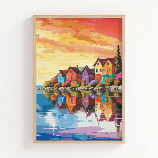 Colorful coastal village wall art featuring charming rainbow-hued houses reflected in calm water, set against a warm, golden sunset sky with vibrant orange and pink clouds