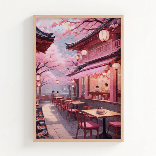 Romantic printable wall art of a serene outdoor café scene under blooming cherry blossom trees, with lantern-lit pink-toned architecture, cozy seating, and desserts on the table - ideal for Japan-inspired, spring, or pastel aesthetic decor