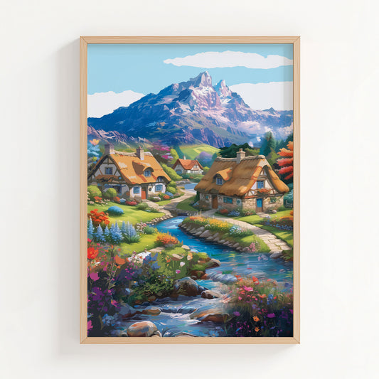 Whimsical cottagecore printable wall art featuring thatched-roof cottages beside a winding stream, colorful flower gardens, and majestic snow-capped mountains in the background under a bright sky - perfect for fairytale, nature-inspired, or countryside home decor.