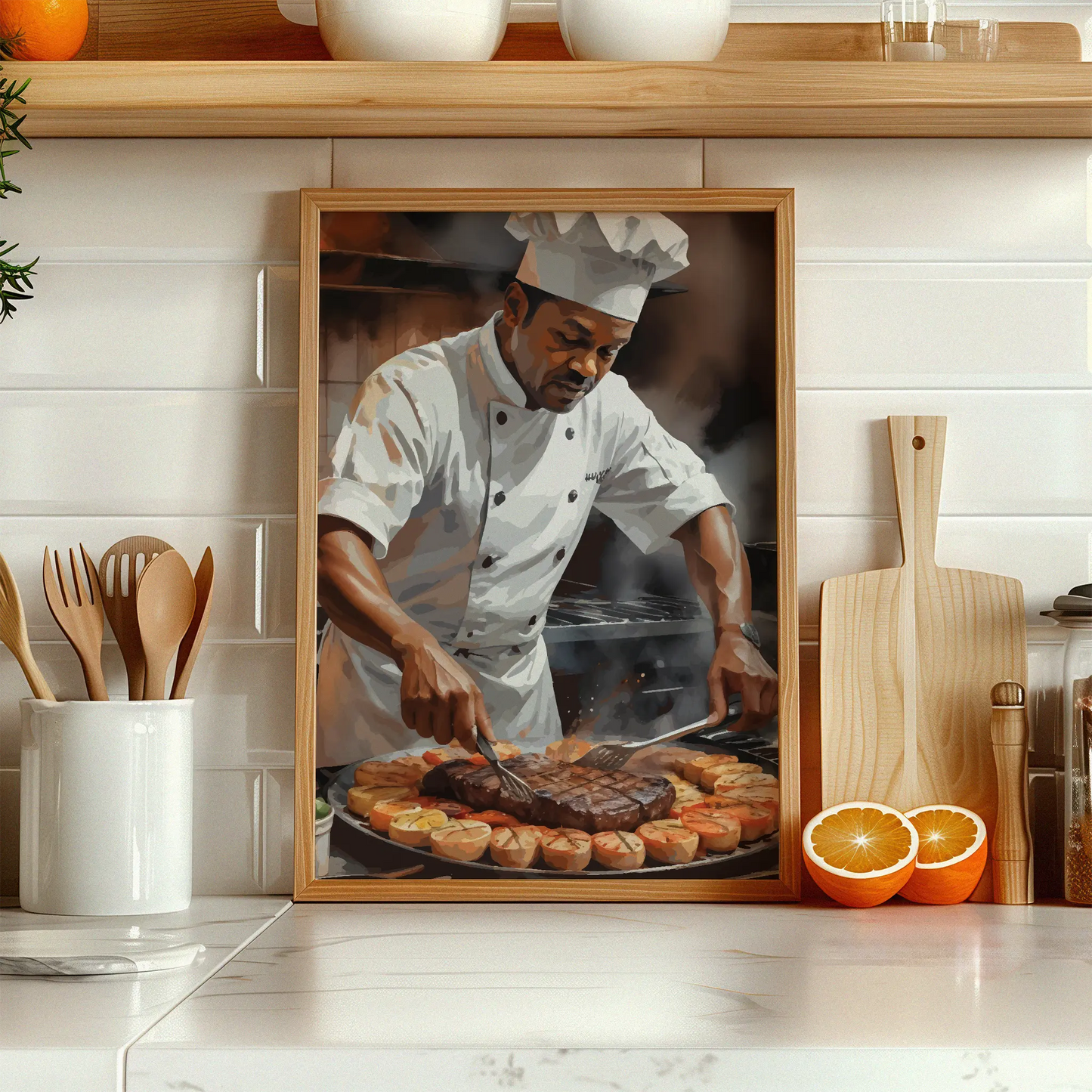 Digital wall art of a chef in uniform grilling steak and vegetables, surrounded by steam and rich kitchen ambiance.