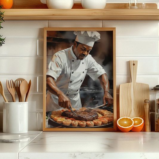 Digital wall art of a chef in uniform grilling steak and vegetables, surrounded by steam and rich kitchen ambiance.