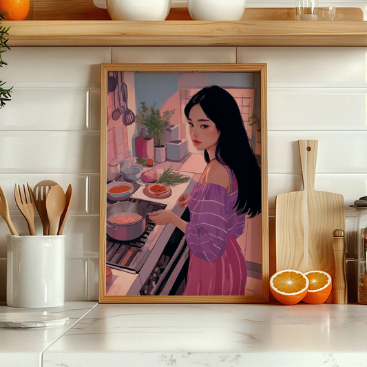 Stylish illustration of a woman cooking in a modern kitchen bathed in warm pink and purple tones. She wears an off-shoulder striped top and long skirt while stirring a pot on the stove, surrounded by herbs, vegetables, and kitchen utensils, creating a cozy and artistic home atmosphere.