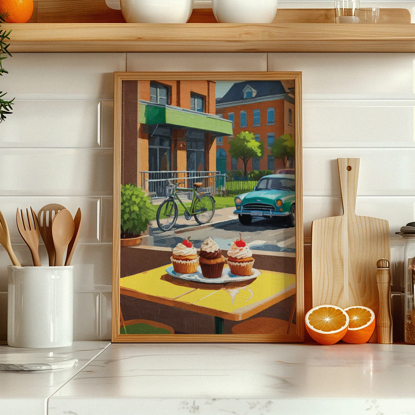 Charming street café scene featuring three cupcakes topped with whipped cream and cherries on a yellow table. In the background, a vintage green car and a bicycle are parked near red-brick buildings with green awnings and lush trees, evoking a warm, nostalgic atmosphere.