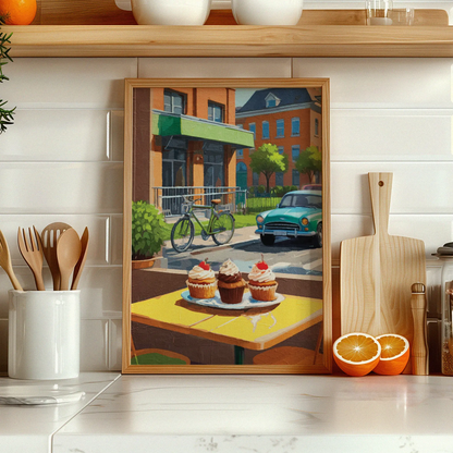Charming street café scene featuring three cupcakes topped with whipped cream and cherries on a yellow table. In the background, a vintage green car and a bicycle are parked near red-brick buildings with green awnings and lush trees, evoking a warm, nostalgic atmosphere.