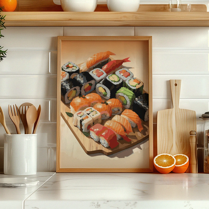 Printable wall art of an assorted sushi platter featuring colorful nigiri and sushi rolls with salmon, tuna, avocado, and vegetables, beautifully arranged on a wooden board, perfect for kitchen, dining area, or Japanese cuisine-themed decor.