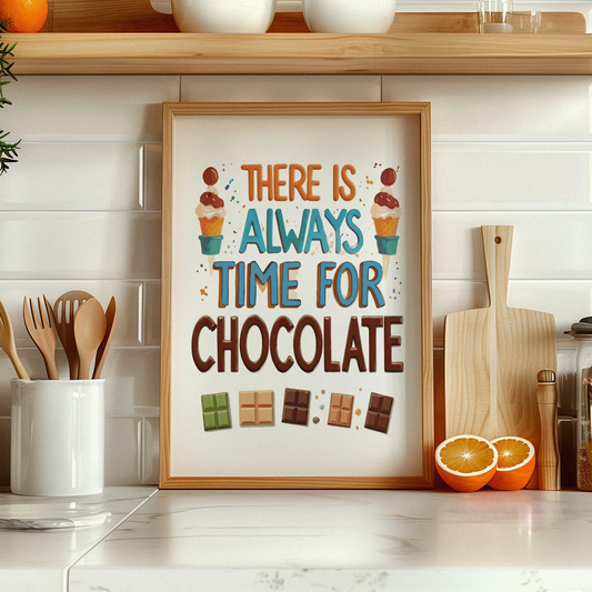 Whimsical printable wall art with the phrase 'There is always time for chocolate', featuring colorful illustrations of ice cream cones and assorted chocolate bars, perfect for dessert lovers and sweet kitchen decor
