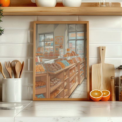 Printable wall art of a cozy bakery interior with shelves and glass cases filled with assorted breads, pastries, and donuts, bathed in soft natural light from large windows, perfect for kitchen, café, or bakery-themed decor.