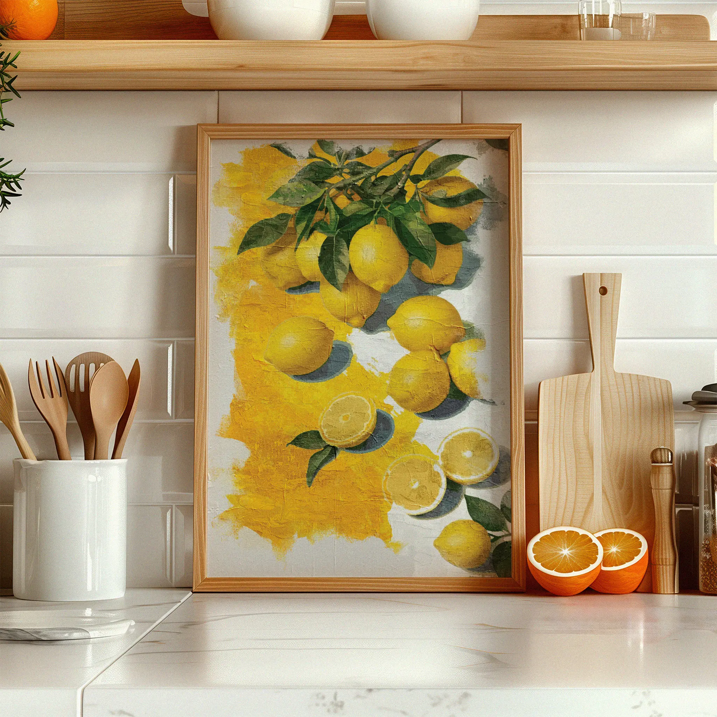 Printable wall art of vibrant yellow lemons with green leaves, some whole and some sliced, set against a textured white and yellow painted background, perfect for kitchen, farmhouse, or citrus-themed decor