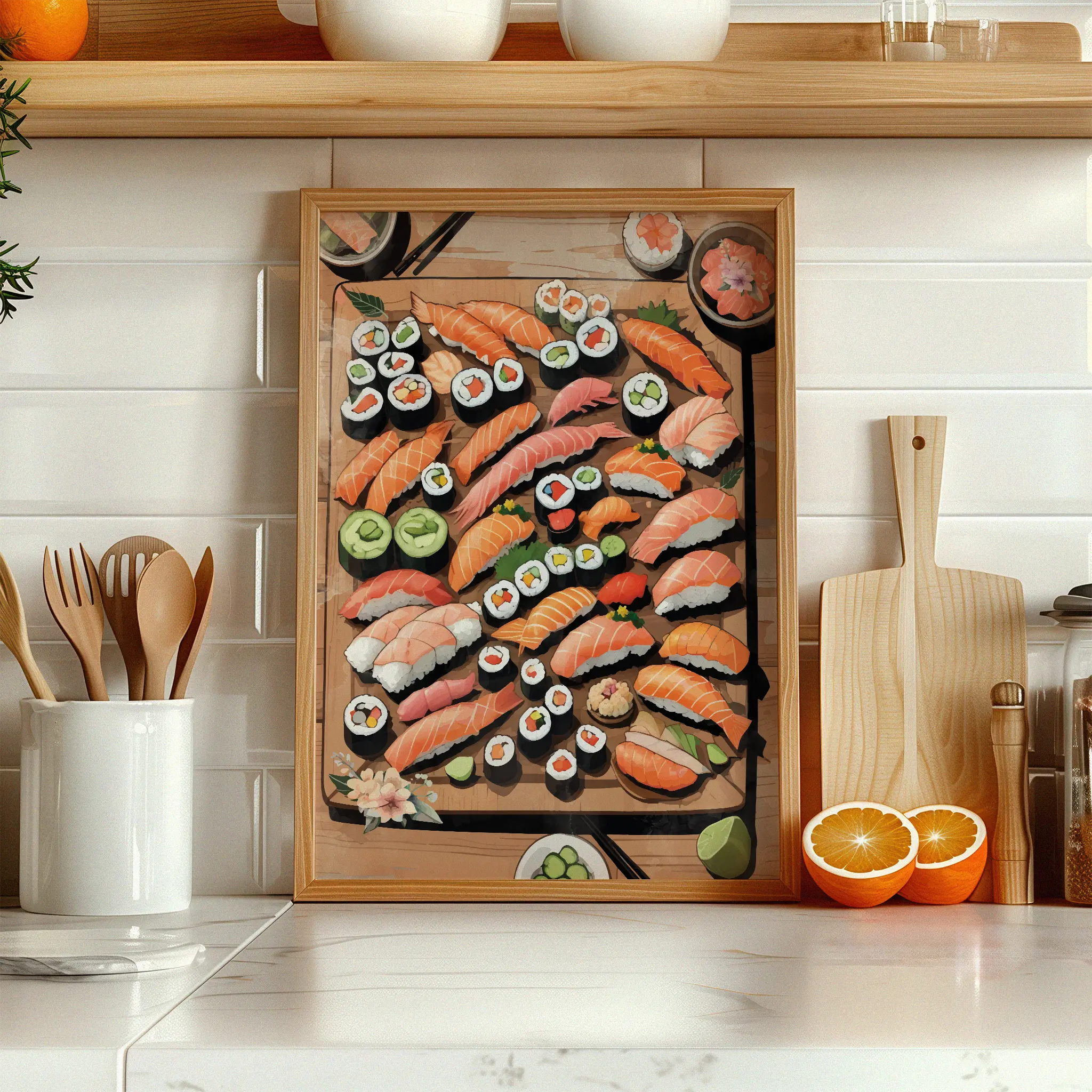 Printable wall art of an assorted sushi platter with colorful nigiri, maki rolls, sashimi, wasabi, and pickled ginger on a wooden board, perfect for kitchen, dining area, or Japanese food-themed decor