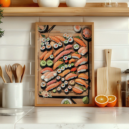 Printable wall art of an assorted sushi platter with colorful nigiri, maki rolls, sashimi, wasabi, and pickled ginger on a wooden board, perfect for kitchen, dining area, or Japanese food-themed decor