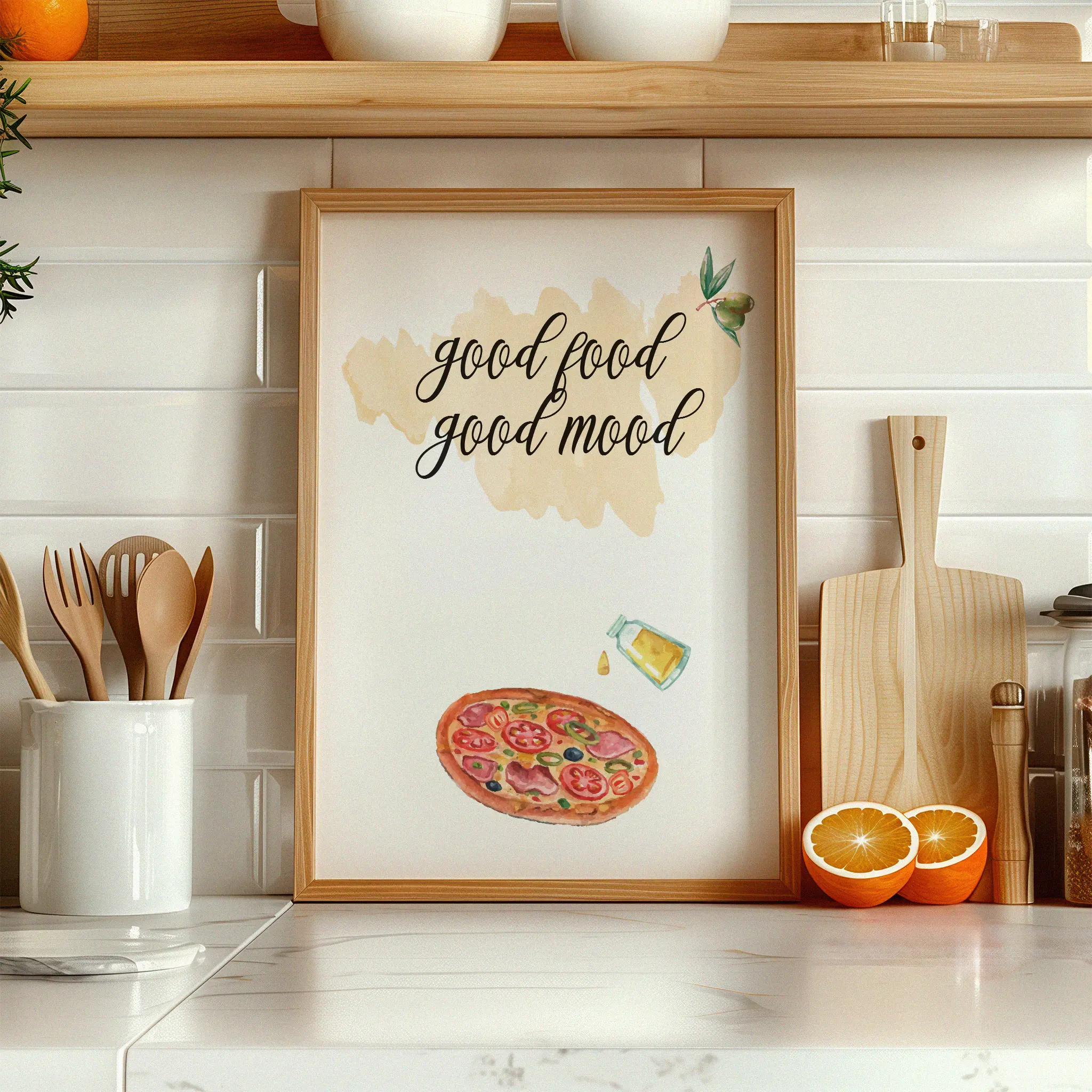 Whimsical kitchen wall art featuring a watercolor pizza slice, olive oil bottle, and olives with the handwritten phrase 'Good food, good mood' a cheerful culinary print perfect for cozy kitchen decor.