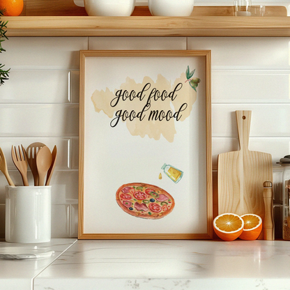 Whimsical kitchen wall art featuring a watercolor pizza slice, olive oil bottle, and olives with the handwritten phrase 'Good food, good mood' a cheerful culinary print perfect for cozy kitchen decor.