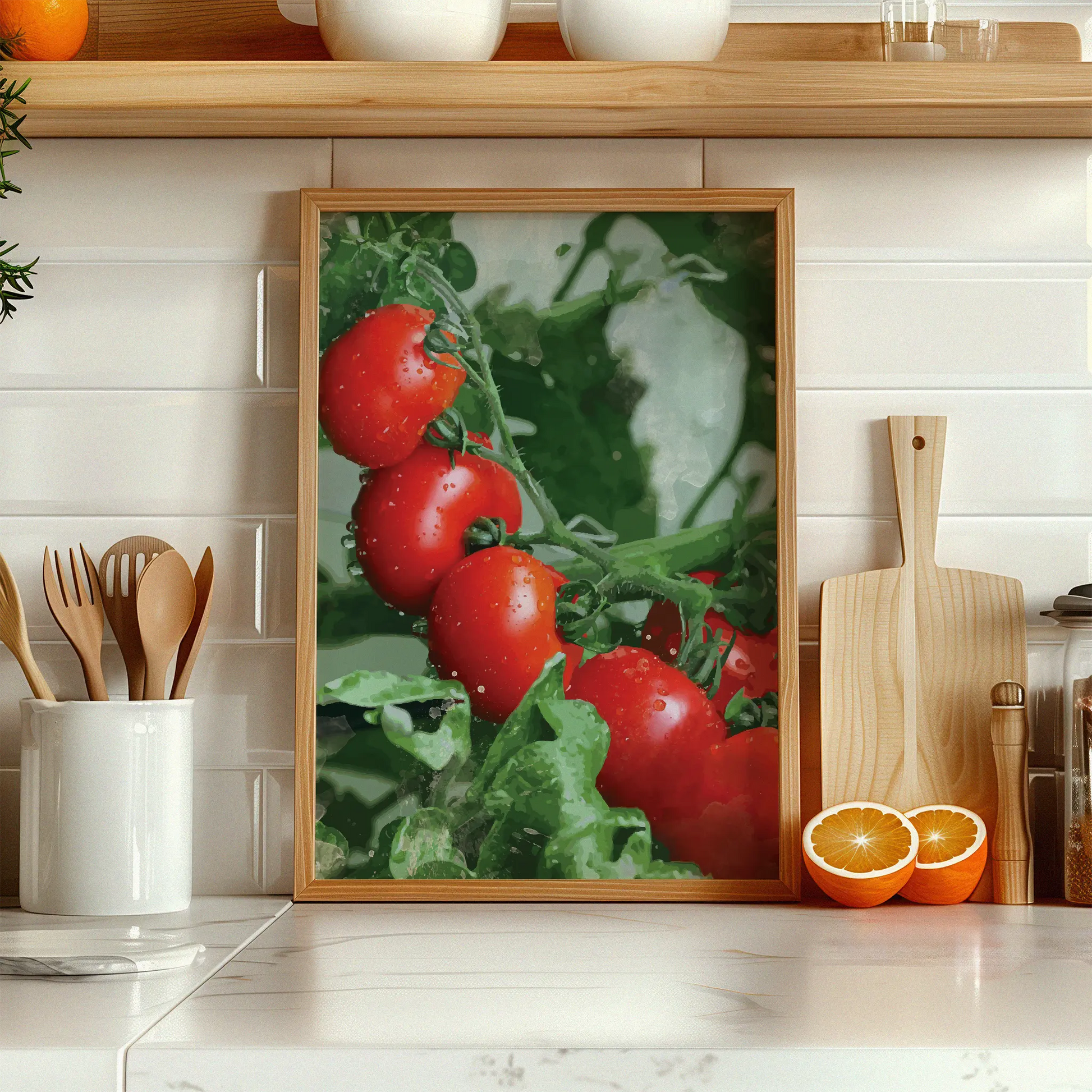 Printable wall art of vibrant red tomatoes on the vine with water droplets, set against lush green foliage, ideal for kitchen decor or farmhouse-themed interiors