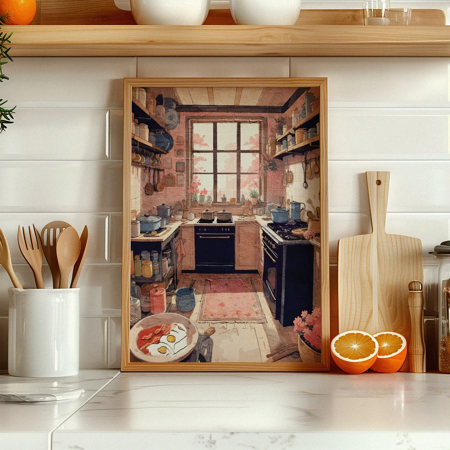 Printable wall art of a warm, rustic kitchen filled with pots, pans, and open shelving, with a large window overlooking blooming pink trees, perfect for cottagecore, farmhouse, or vintage-inspired home decor