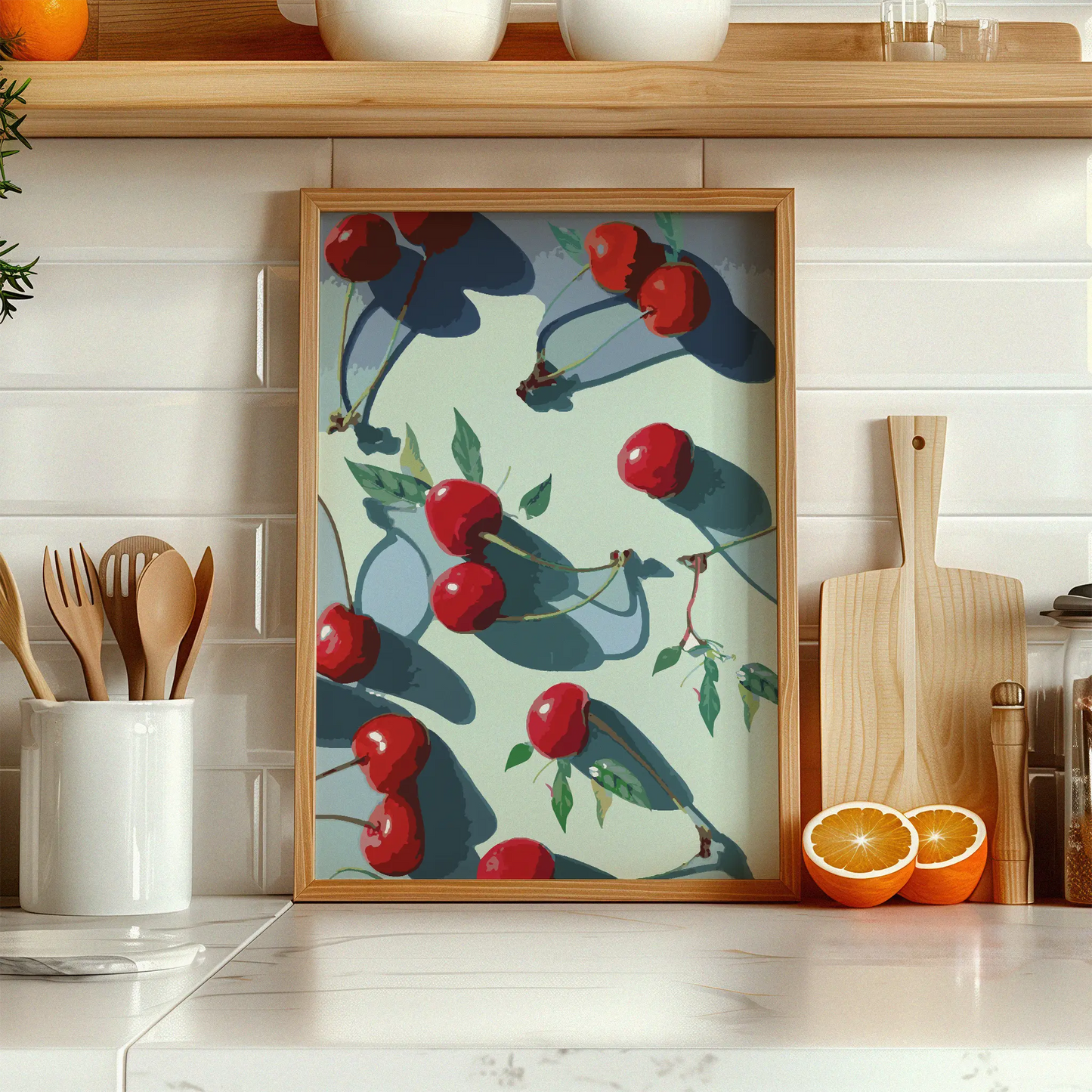 Vibrant printable wall art of glossy red cherries with green leaves casting dramatic shadows on a pale background, bold, modern kitchen or dining room decor