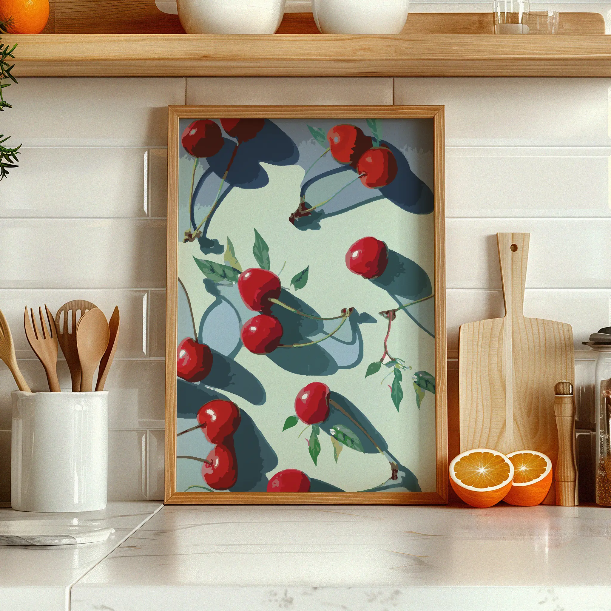 Vibrant printable wall art of glossy red cherries with green leaves casting dramatic shadows on a pale background, bold, modern kitchen or dining room decor
