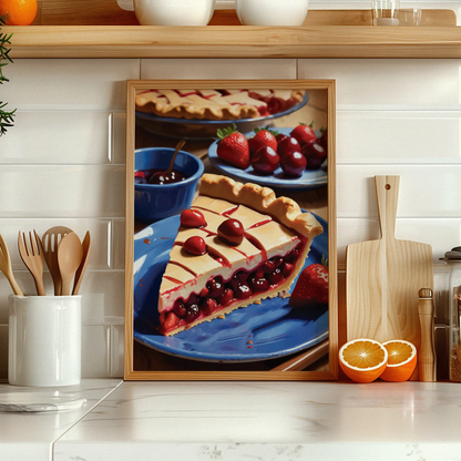 Printable wall art of a vibrant cherry and strawberry pie slice on a blue plate, styled with whole cherries and strawberries, perfect for kitchen or dining room decor