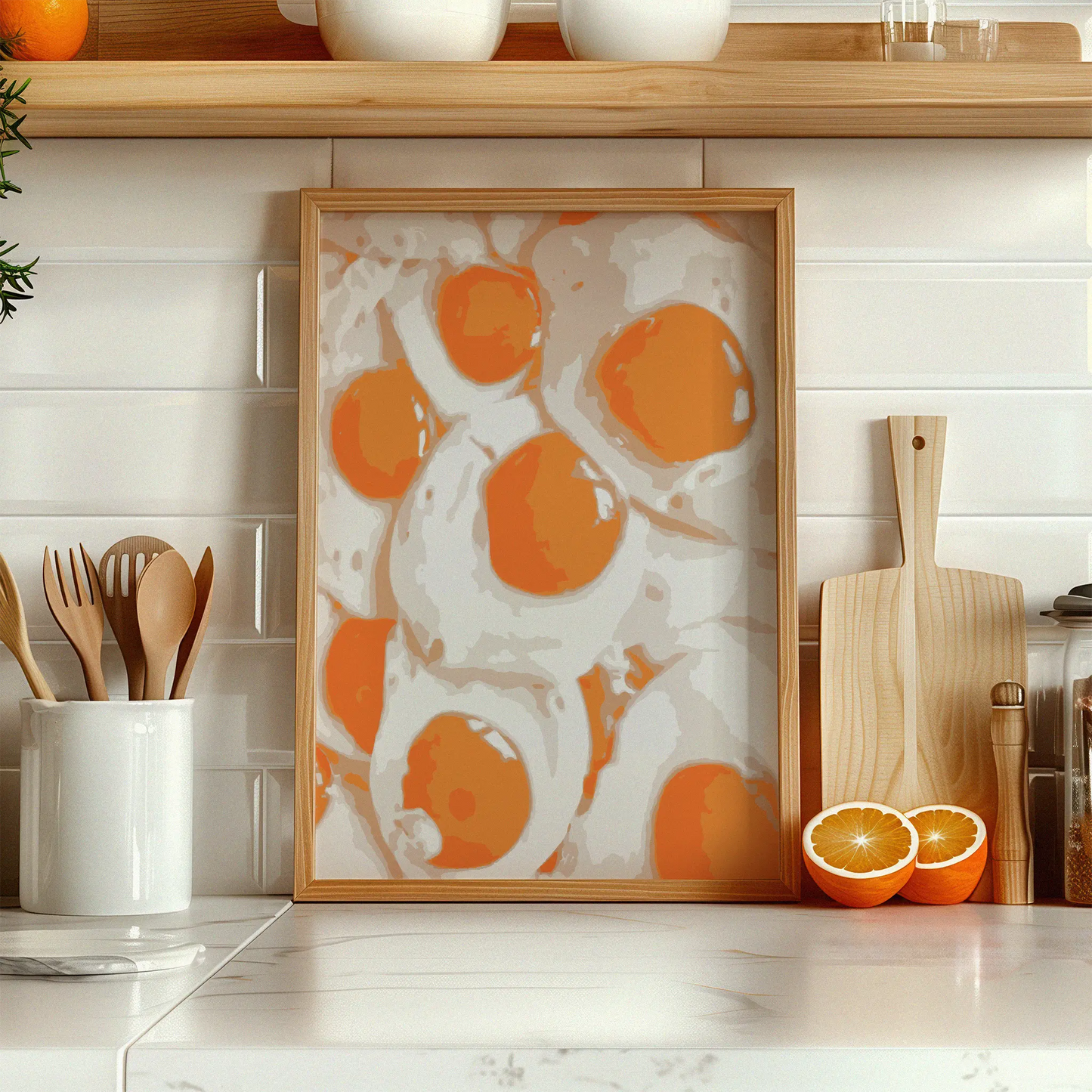 Bold and vibrant wall art print featuring a pattern of sunny-side-up eggs in modern pop-art style, perfect for kitchen decor or food lovers seeking quirky breakfast-themed art