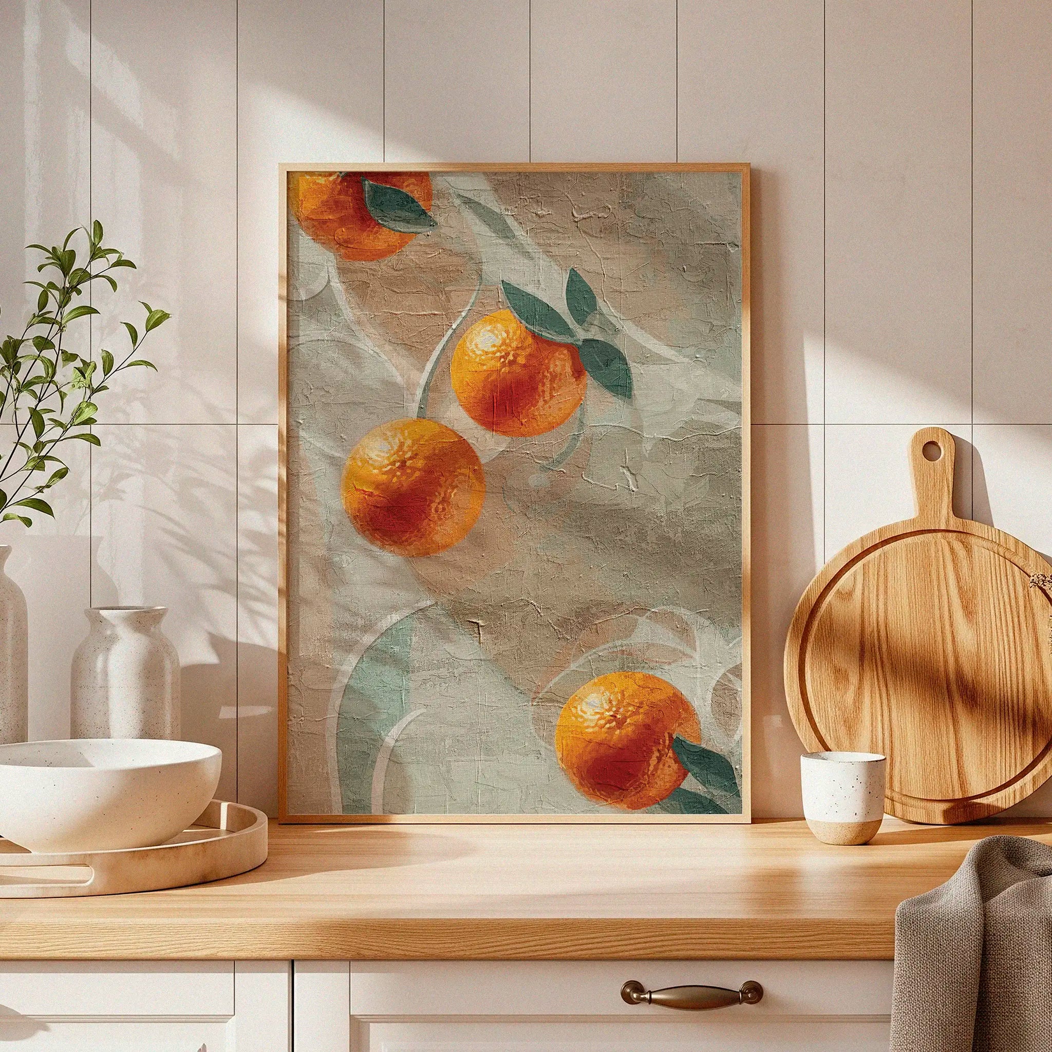 Printable wall art featuring a textured, abstract background with bright orange citrus fruits and green leaves, evoking a rustic, Mediterranean-inspired aesthetic, perfect for kitchen or dining room decor