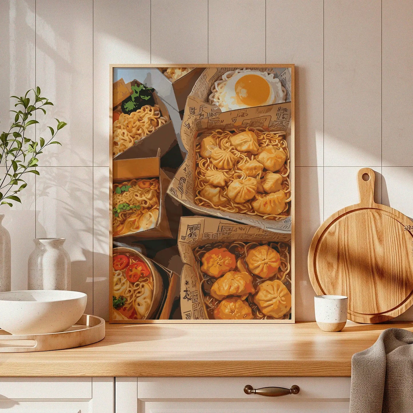 Vibrant food illustration featuring takeout boxes filled with Asian cuisine, including noodles, dumplings, and a fried egg. The warm colours and detailed textures create a mouthwatering, cosy street-food vibe perfect for kitchen or dining room wall art.