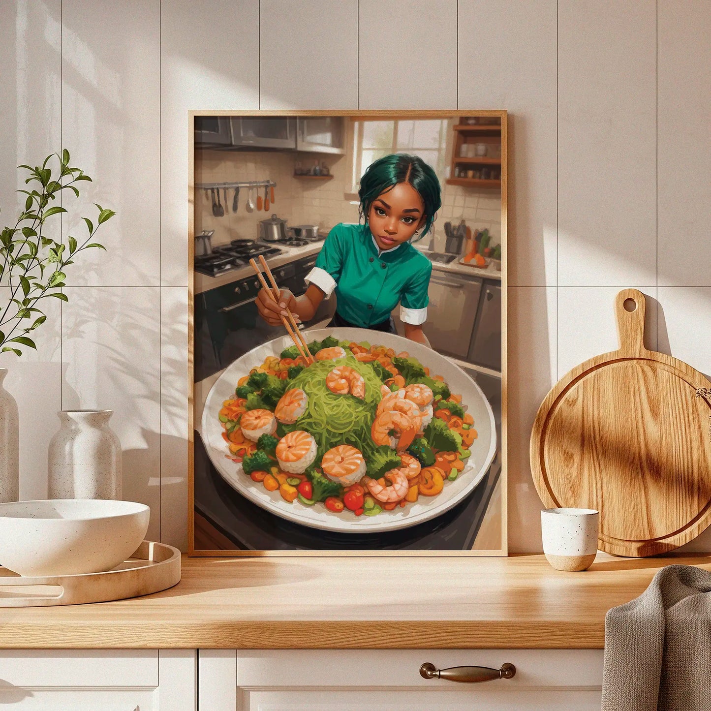 Illustrated scene of a young chef in a green uniform preparing a colourful dish in a bright kitchen. She uses chopsticks to arrange a large platter filled with green noodles, shrimp, broccoli, and vibrant vegetables, creating a fresh and artistic food presentation.
