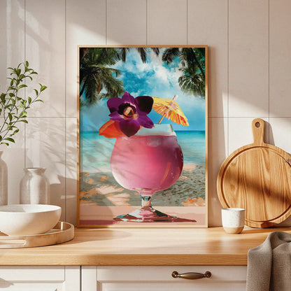 Tropical cocktail wall art print featuring a vibrant pink drink with a purple orchid, orange slice, and paper umbrella, set against a serene beach and palm tree backdrop, perfect for summer vibes and beach-themed decor