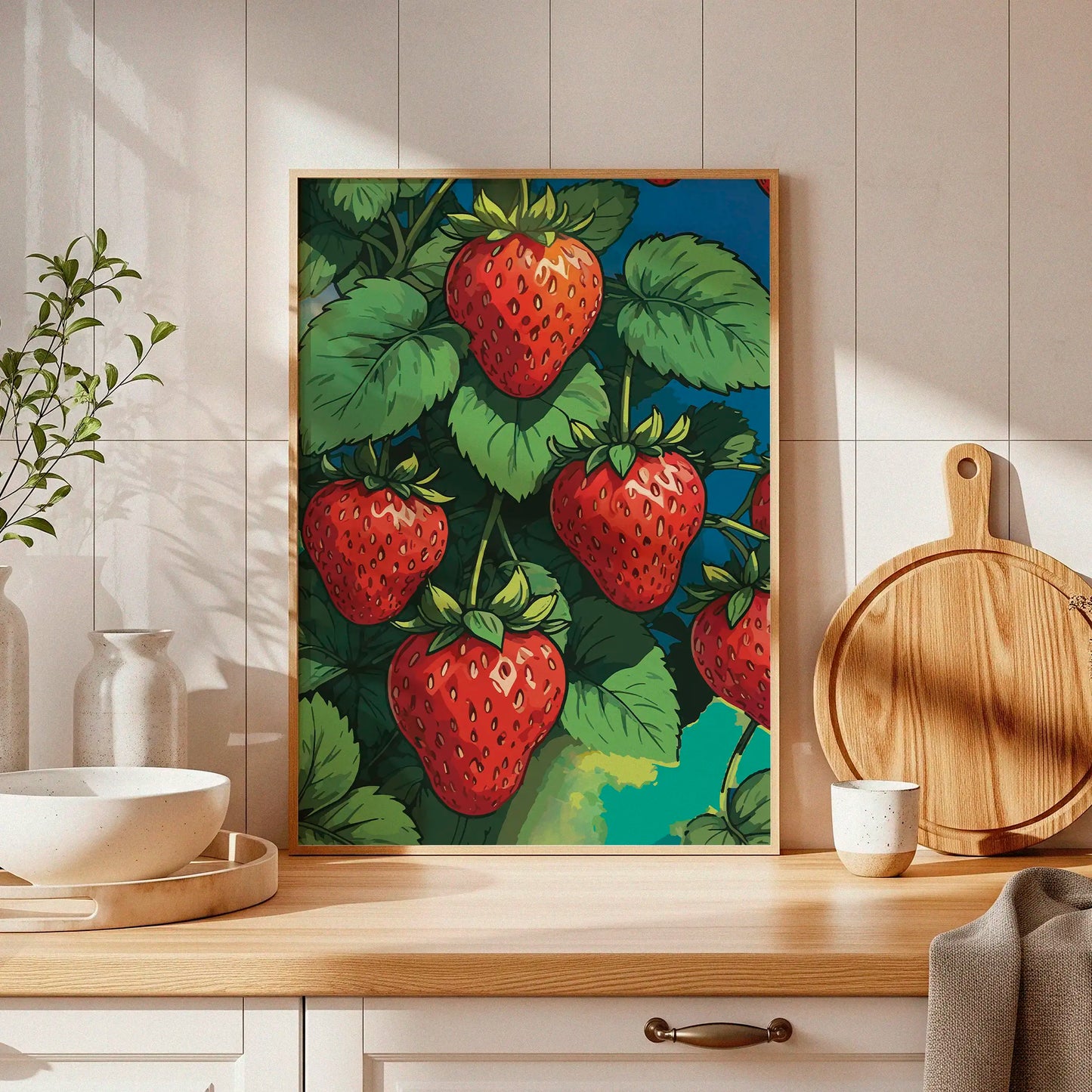 Printable wall art featuring vibrant red strawberries growing on lush green vines against a bold, colorful background, perfect for kitchen, farmhouse, or fruit-themed decor